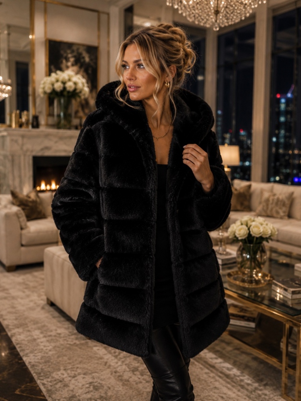 Women’s Black Faux Fur Coat Hooded Luxury Plush Winter Jacket Elegant Chic